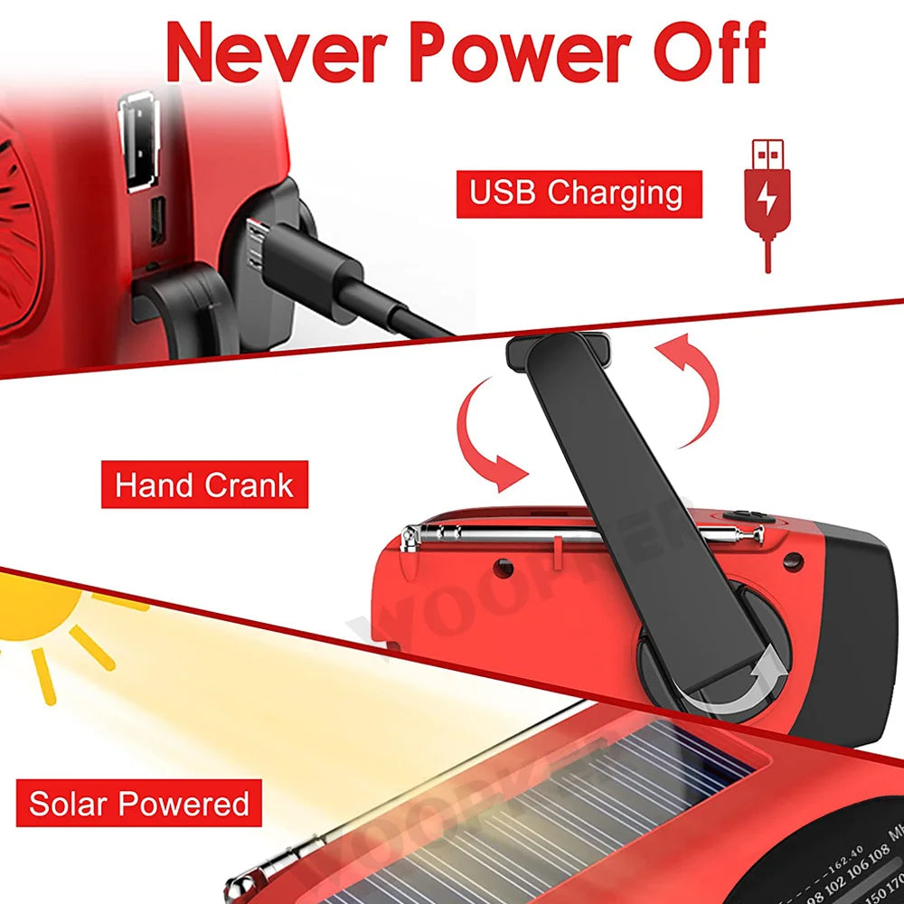 Woopker Emergency Radio E01 Hand Crank Solar USB (FM/ AM/ NOAA) WB Weather Radios with Flashlight Power Bank