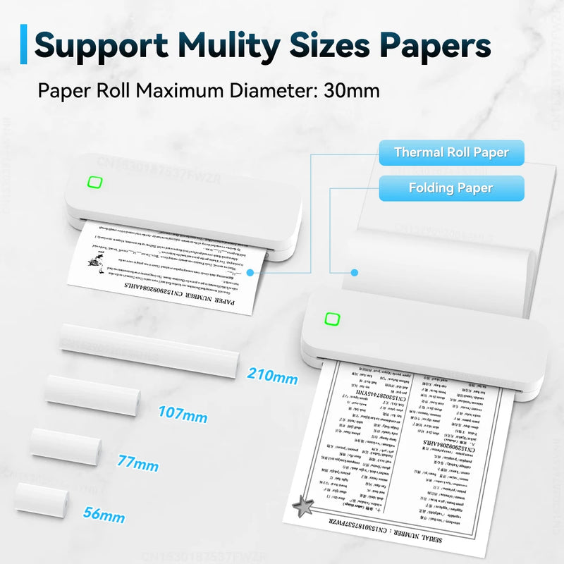 Portable Mini A4 Printer No Ink Printing A4 Thermal Printer for Phone PC Tattoo Transfer Printer or 5PK Thermal Paper Rolls