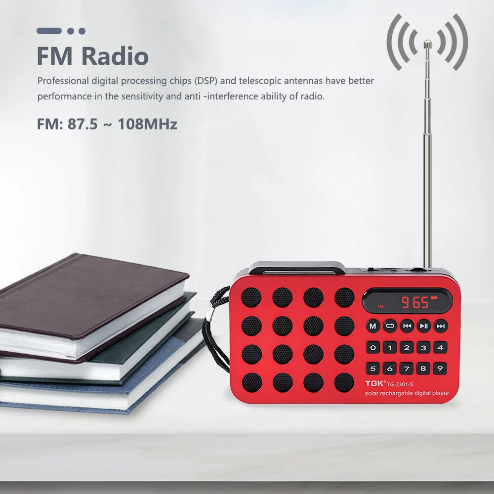 Mini Portable Pocket FM Radio Solar Charging Wireless Speakers Support USB TF Card Play Bluetooth-compatible FM Radio Receiver