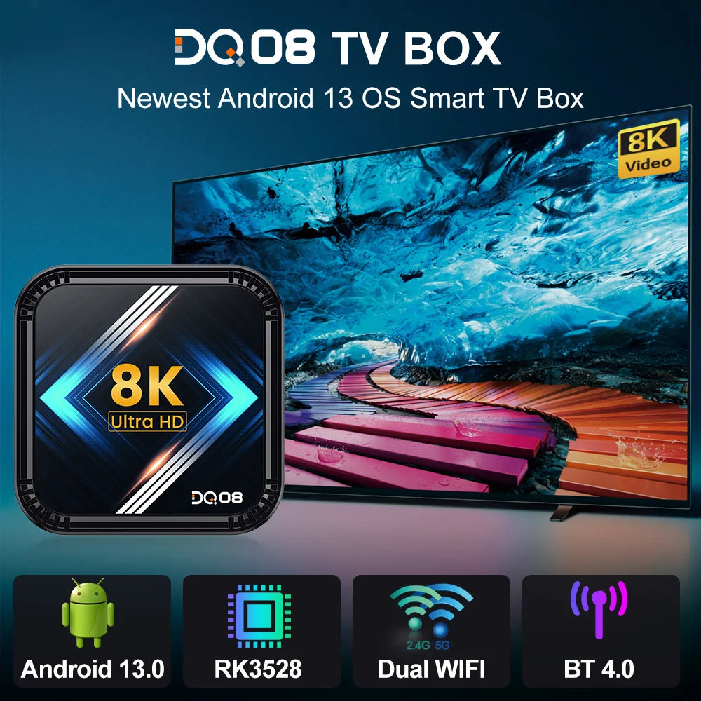 DQ08 RK3528 Smart TV Box Android 13 Quad Core Cortex A53 8K Video 4K@60fps HDR10+ 2.4&5G Dual Wifi BT4.0