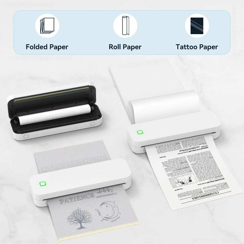 Portable Mini A4 Printer No Ink Printing A4 Thermal Printer for Phone PC Tattoo Transfer Printer or 5PK Thermal Paper Rolls