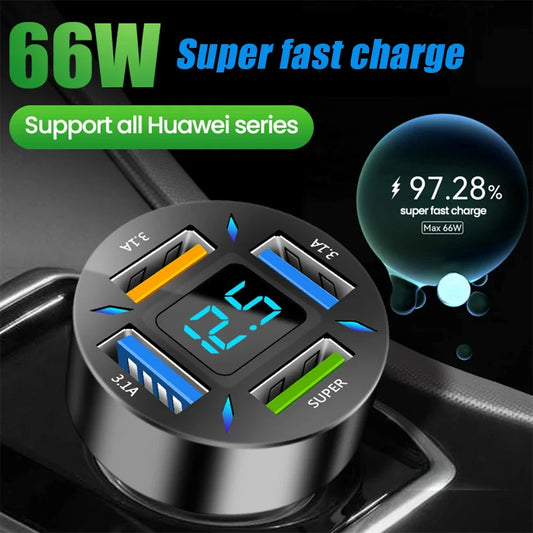 66W 4 Ports USB Car Charger Fast Charging PD Quick Charge 3.0 USB C Car Phone Charger Adapter For iPhone 13 12 Xiaomi Samsung