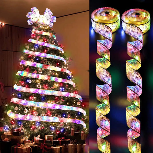 Christmas Ribbon Fairy Light String Merry Christmas Decorations For Home Xmas holiday Navidad Gifts New Year 2025