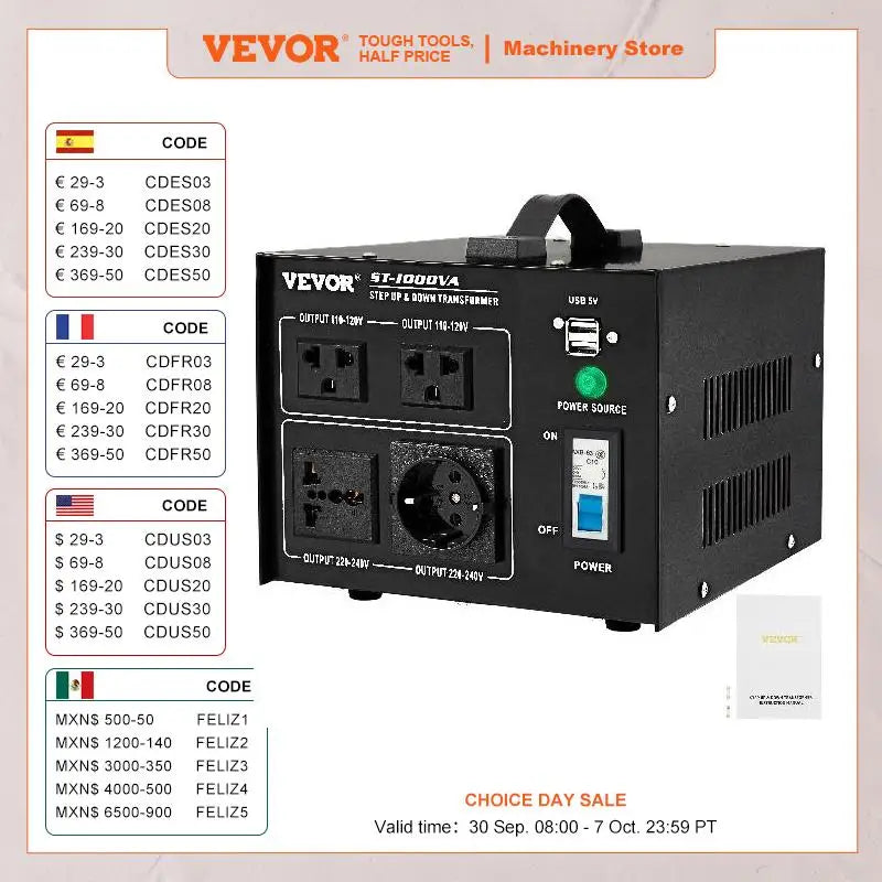 VEVOR Step Up Down Transformer Voltage Converter 1000/2000/3000/5000 VA with 4 AC Outlets & USB Jack for Electrical Appliances