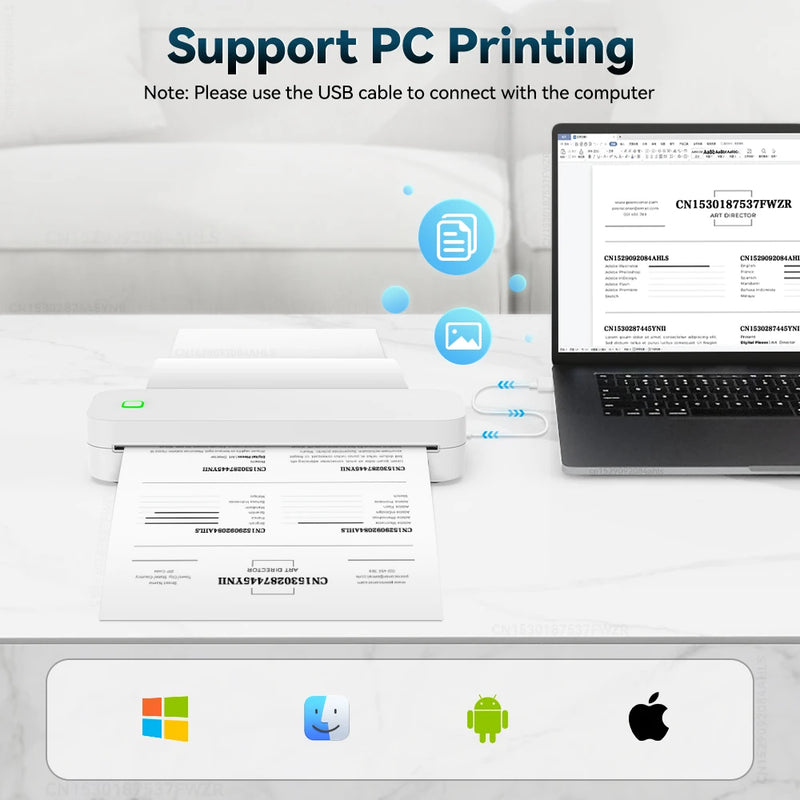 Portable Mini A4 Printer No Ink Printing A4 Thermal Printer for Phone PC Tattoo Transfer Printer or 5PK Thermal Paper Rolls