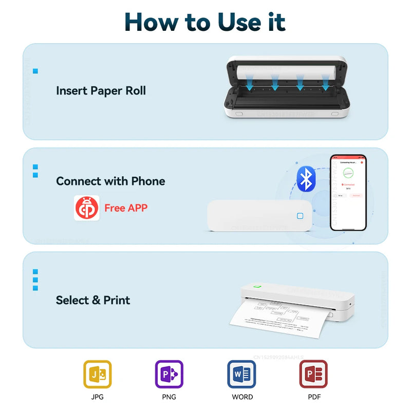Portable Mini A4 Printer No Ink Printing A4 Thermal Printer for Phone PC Tattoo Transfer Printer or 5PK Thermal Paper Rolls