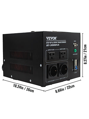 VEVOR Step Up Down Transformer Voltage Converter 1000/2000/3000/5000 VA with 4 AC Outlets & USB Jack for Electrical Appliances