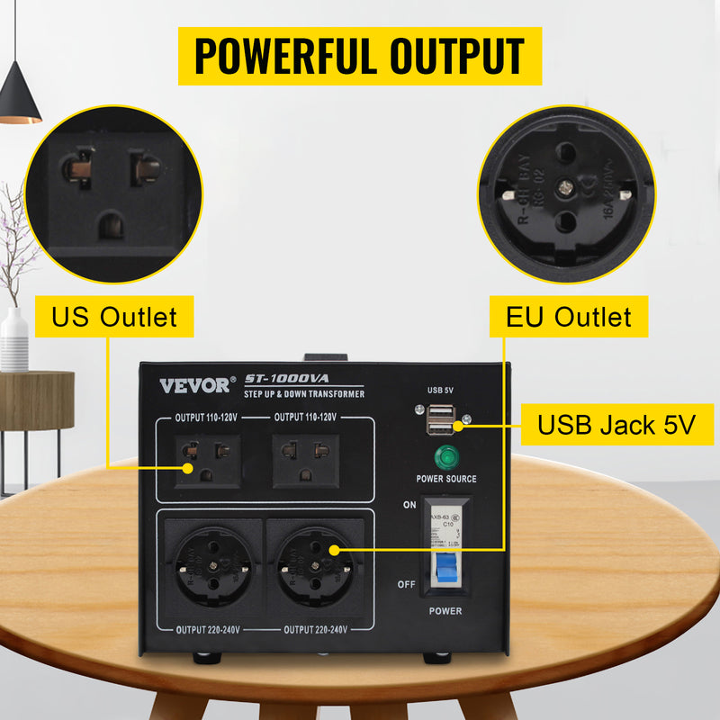 VEVOR Step Up Down Transformer Voltage Converter 1000/2000/3000/5000 VA with 4 AC Outlets & USB Jack for Electrical Appliances