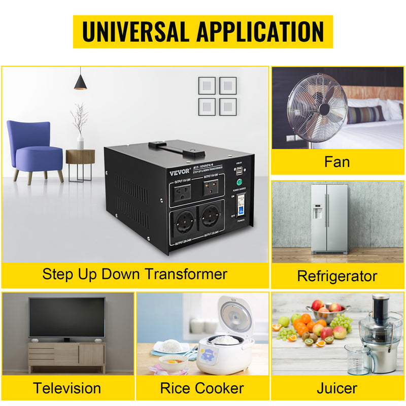 VEVOR Step Up Down Transformer Voltage Converter 1000/2000/3000/5000 VA with 4 AC Outlets & USB Jack for Electrical Appliances